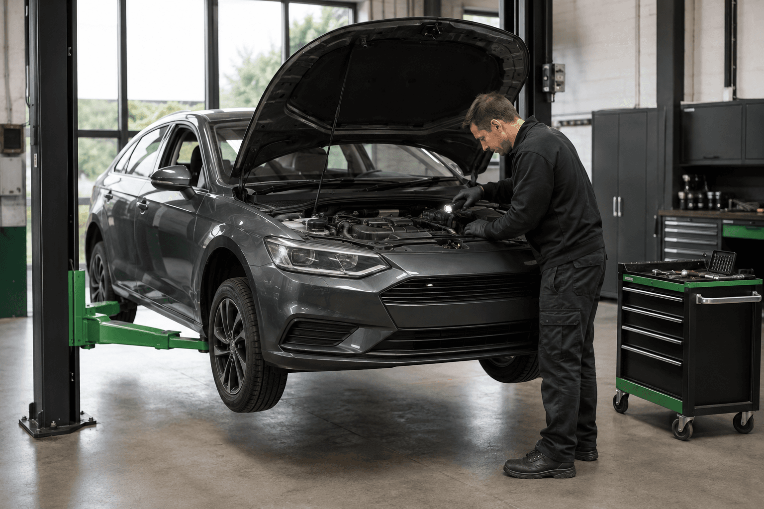 Mechanic inspecting an engine in a clean independent car repair workshop